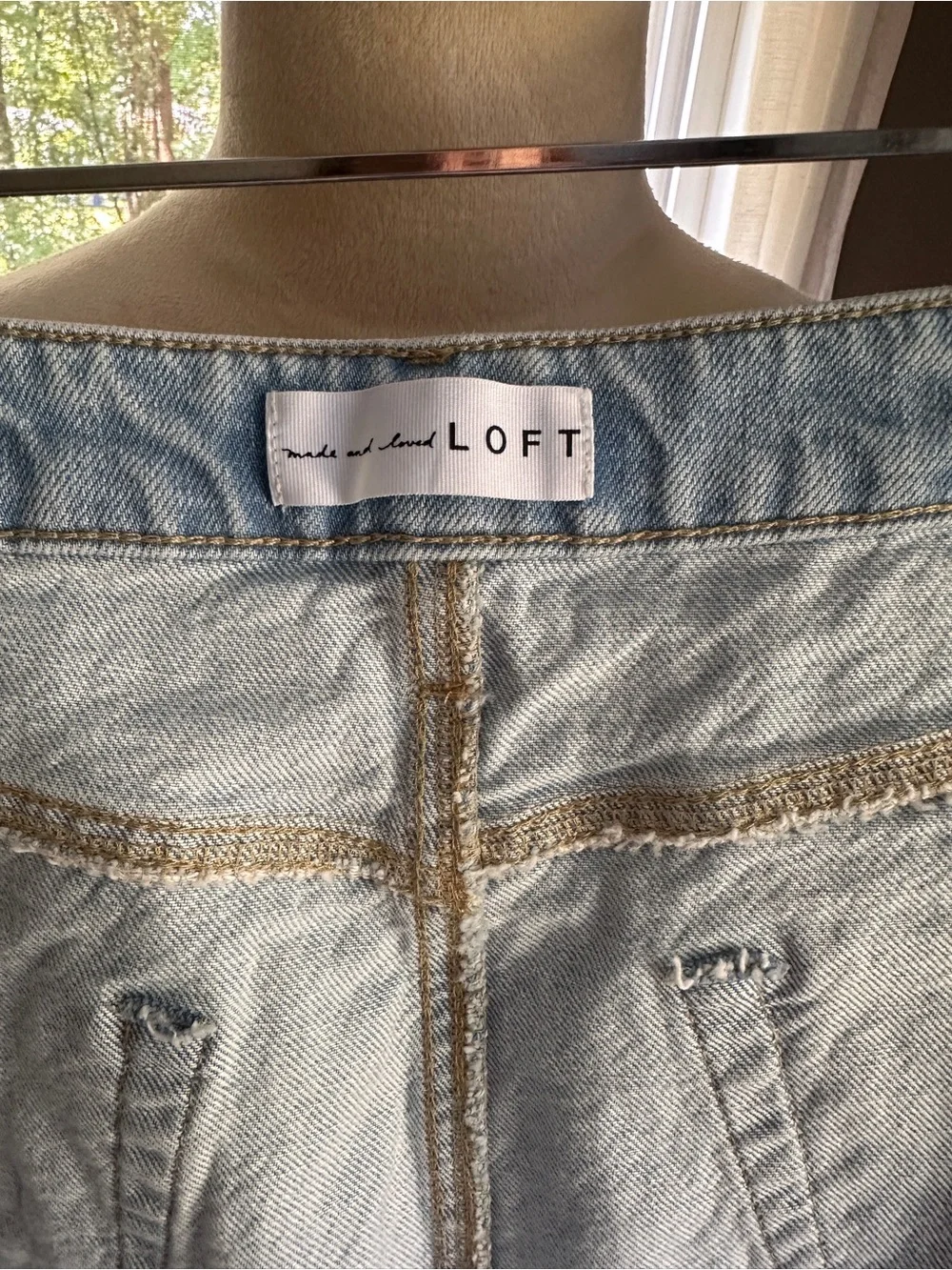 LOFT Light Blue Denim A-Line Skirt with Tan Woven Belt